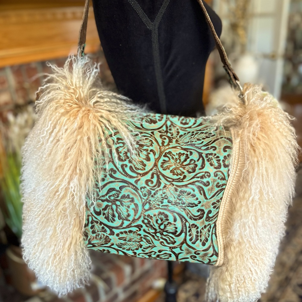 Holy Cow Couture, USA made, Tibetan Lamb sides embossed leather, New Condition